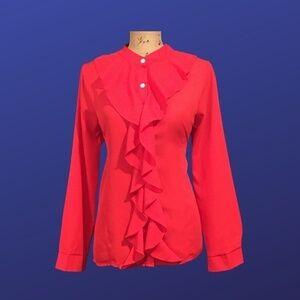 UNBRANDED Band Collar Ruffle Blouse, BRIGHT RED, Women's Size Large, NWOT
